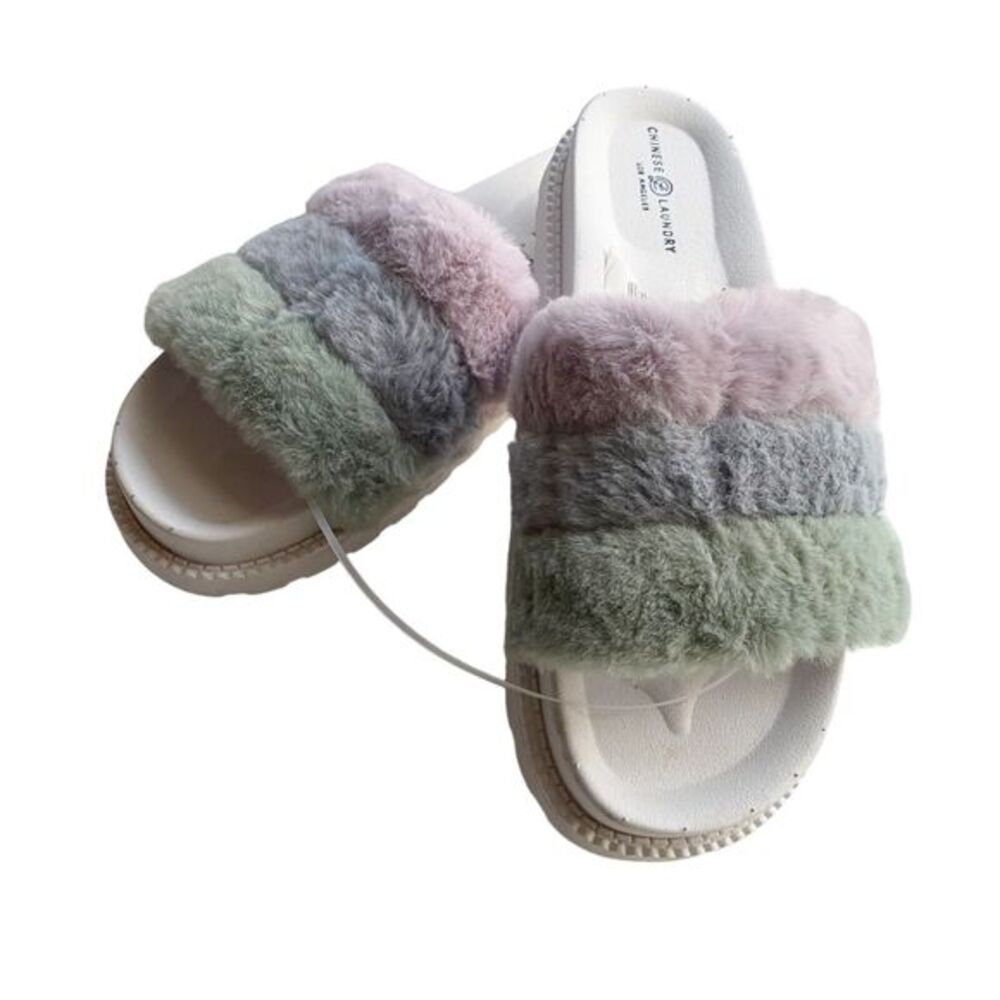 Chinese Laundry Sandal Womens Size 9 Open Toe Faux Fur Accent‎ Platform Slip On